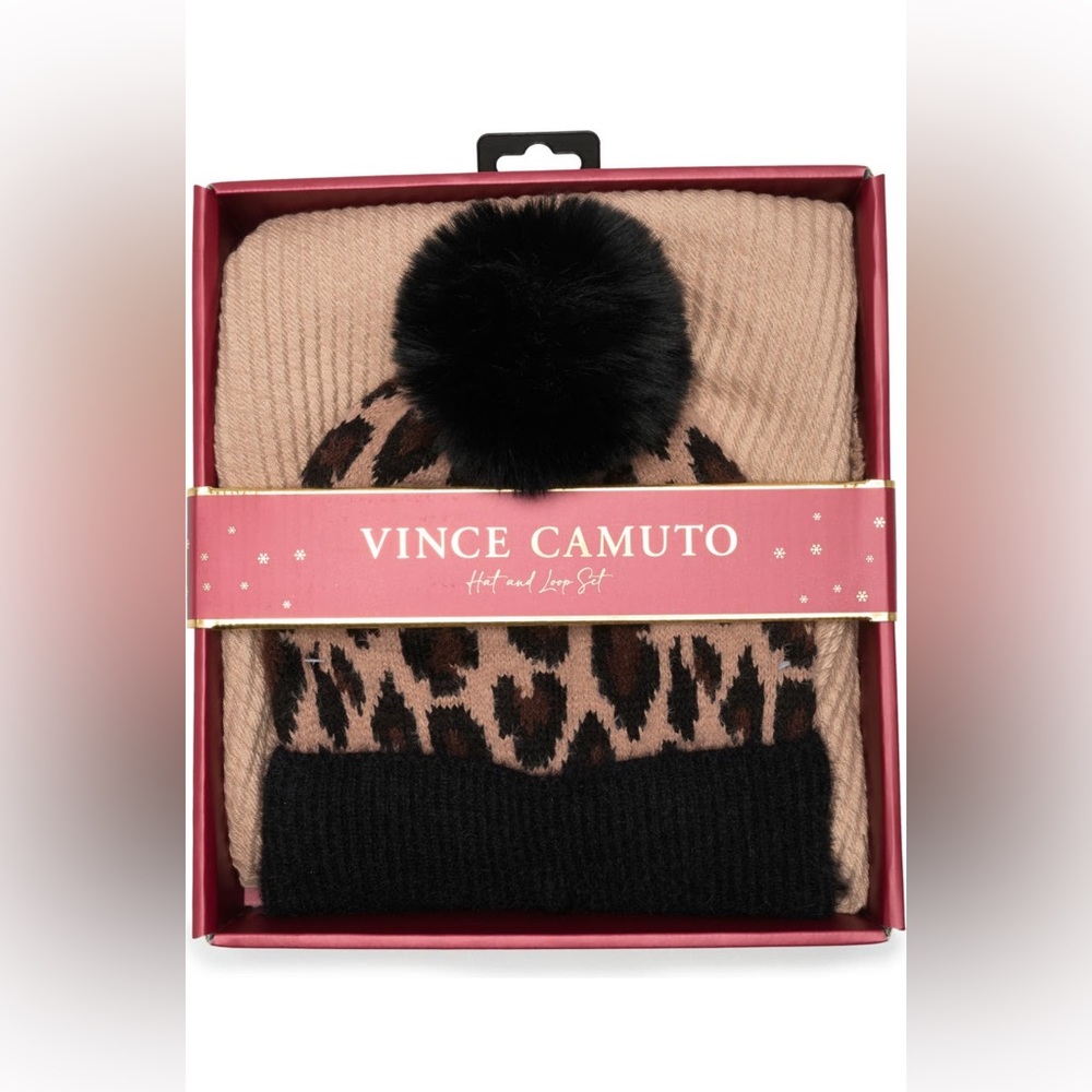 Vince Camuto Scarf and Pom Pom Beanie Set in Natural Beige Leopard